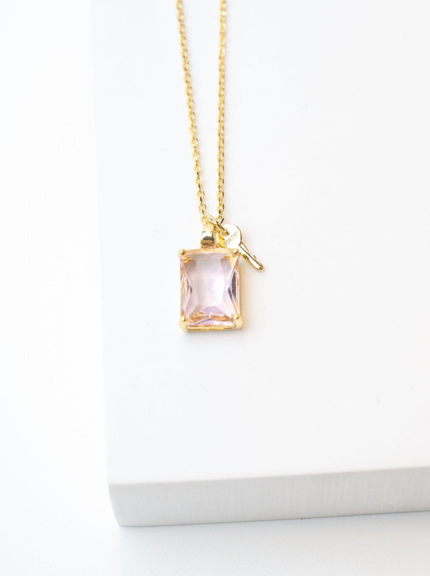 Emerald Cut Gemstone and Mini Key Necklace Necklaces Borun Gold WORTHY / Rose Quartz 