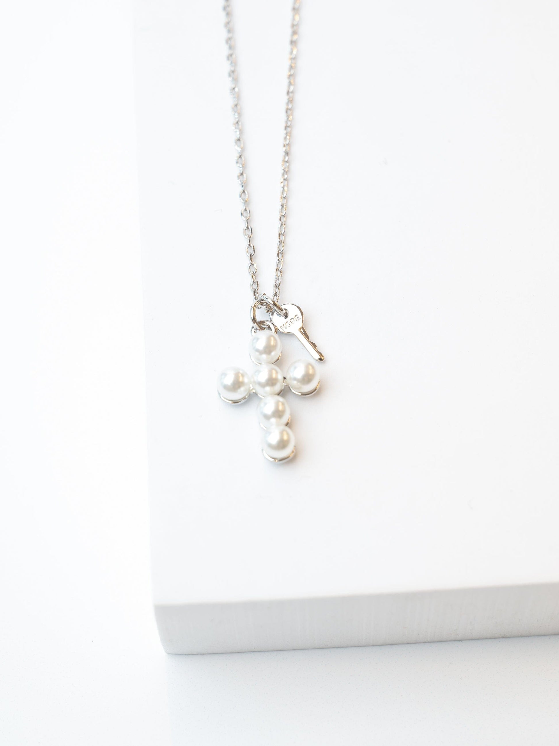 Pearl Cross and Mini Key Necklace Necklaces Borun Silver HOPE 