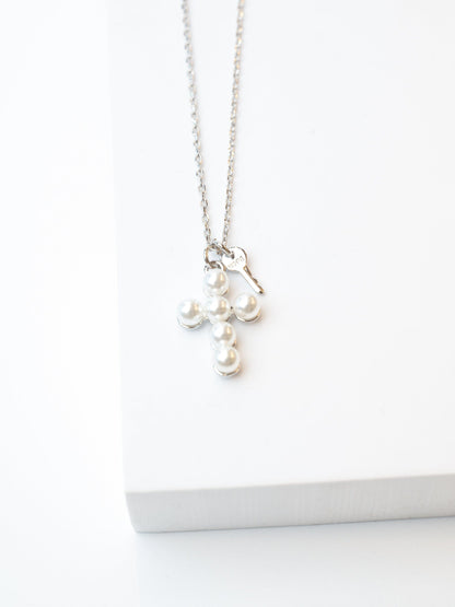 Pearl Cross and Mini Key Necklace Necklaces Borun Silver HOPE 