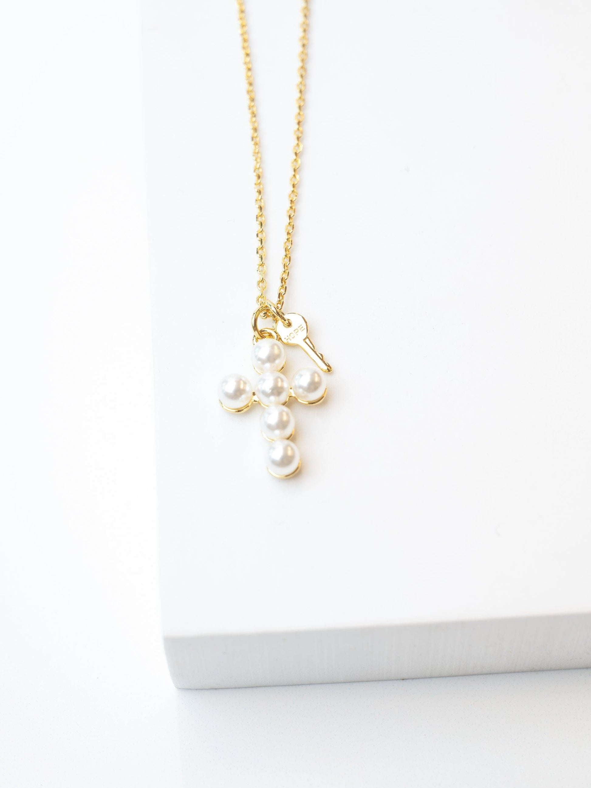 Pearl Cross and Mini Key Necklace Necklaces Borun Gold HOPE 