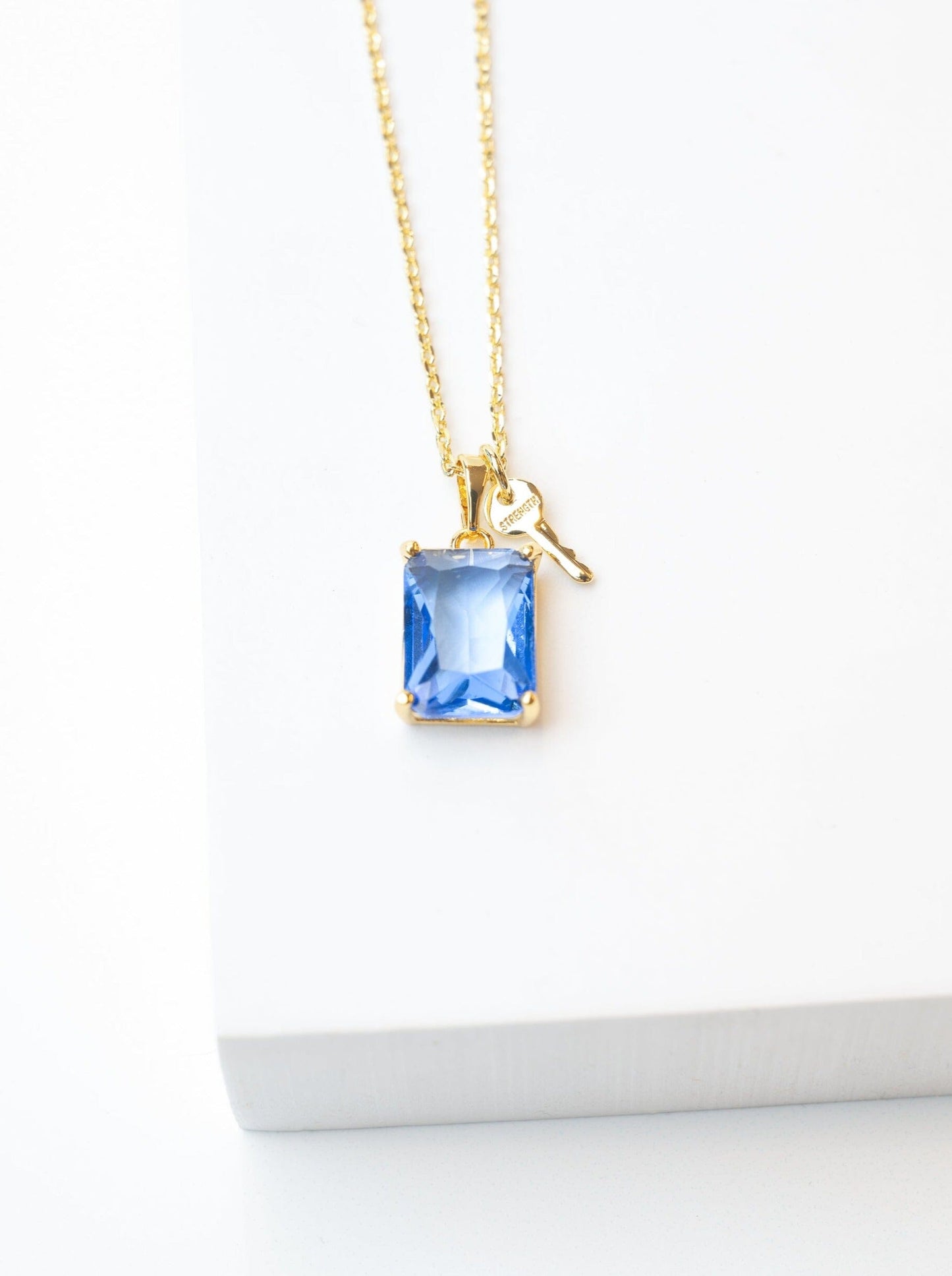 Emerald Cut Gemstone and Mini Key Necklace Necklaces Borun Gold STRENGTH / Saphire 