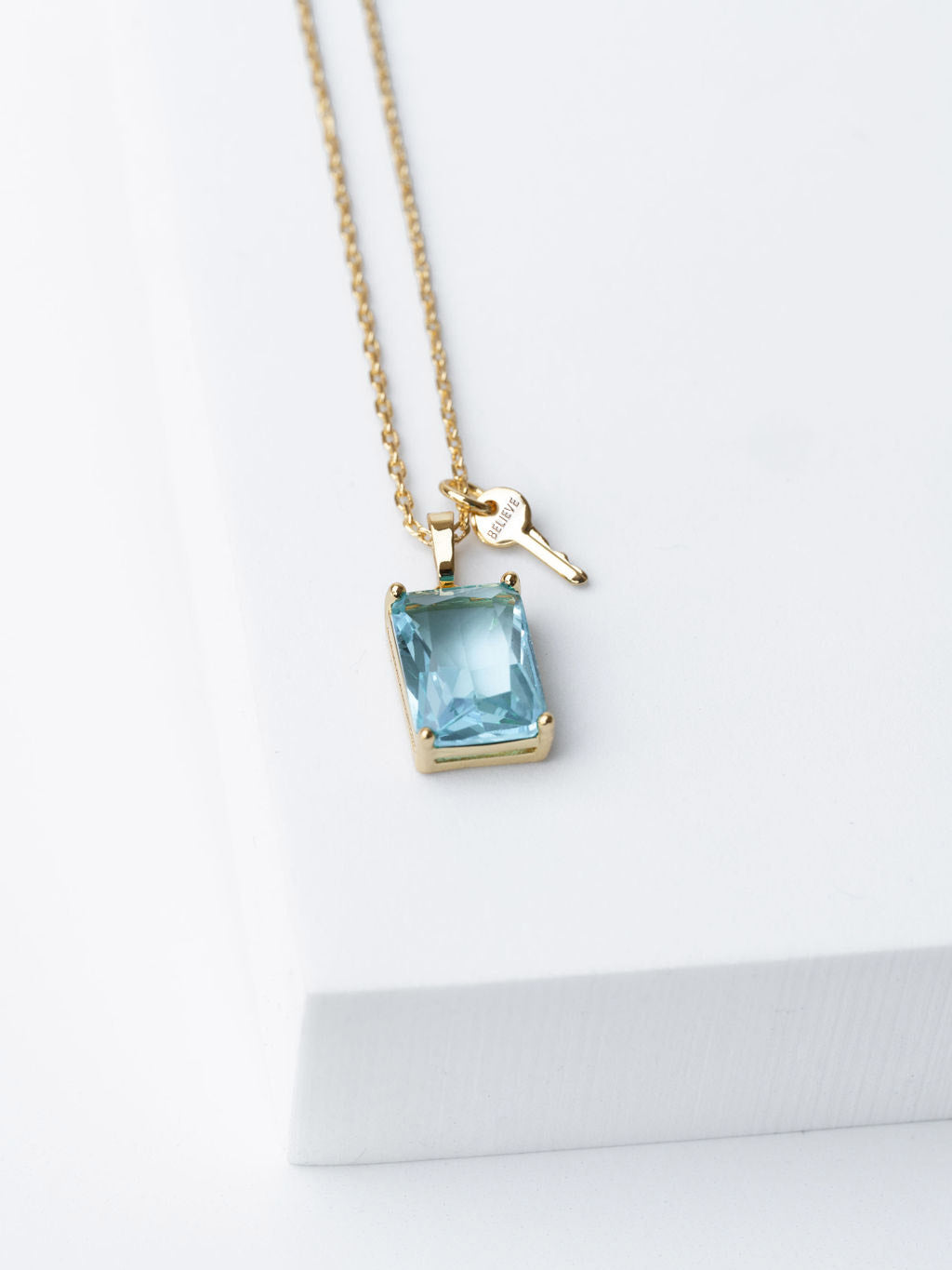 Emerald Cut Gemstone and Mini Key Necklace Necklaces The Giving Keys BELIEVE / Aquamarine 