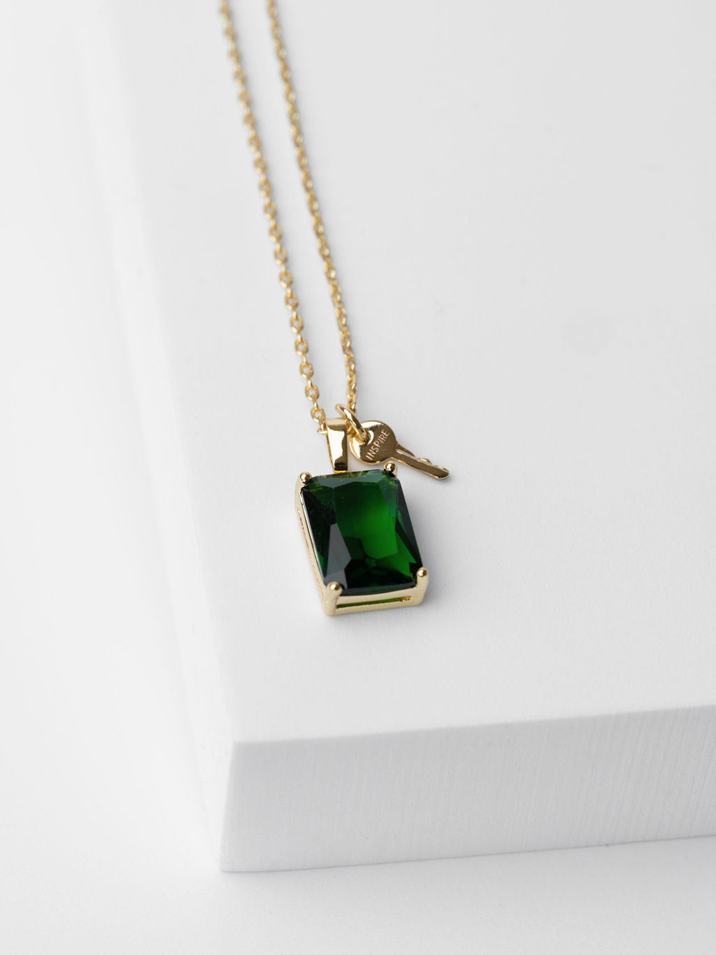 Emerald Cut Gemstone and Mini Key Necklace Necklaces The Giving Keys INSPIRE / Emerald 
