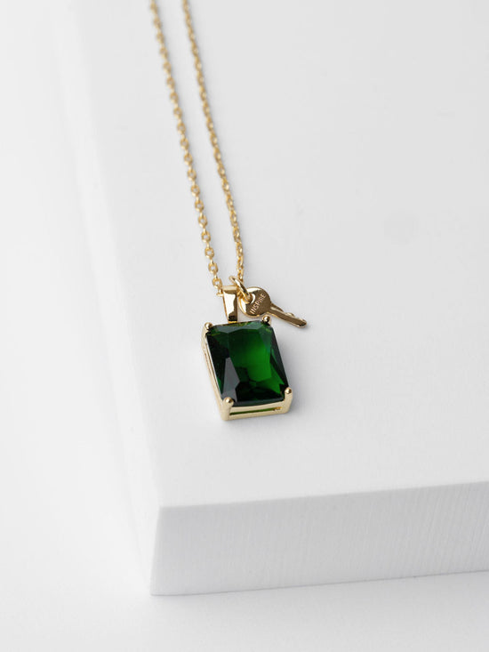 Gold Emerald Gemstone Key Necklace with Engravement The Giving Keys