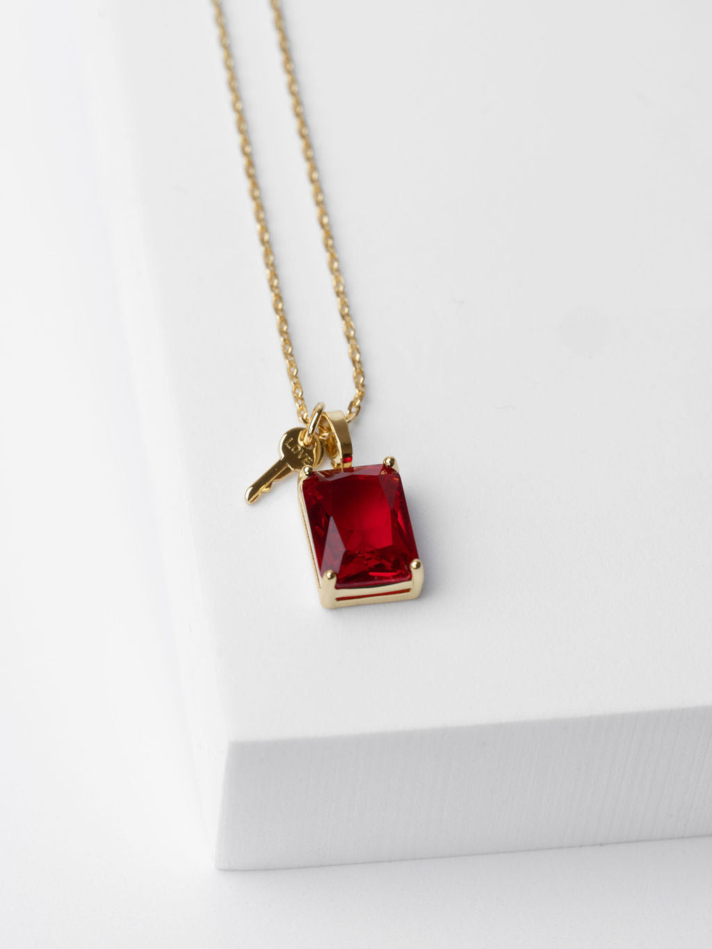 Emerald Cut Gemstone and Mini Key Necklace Necklaces The Giving Keys LOVE / Ruby 