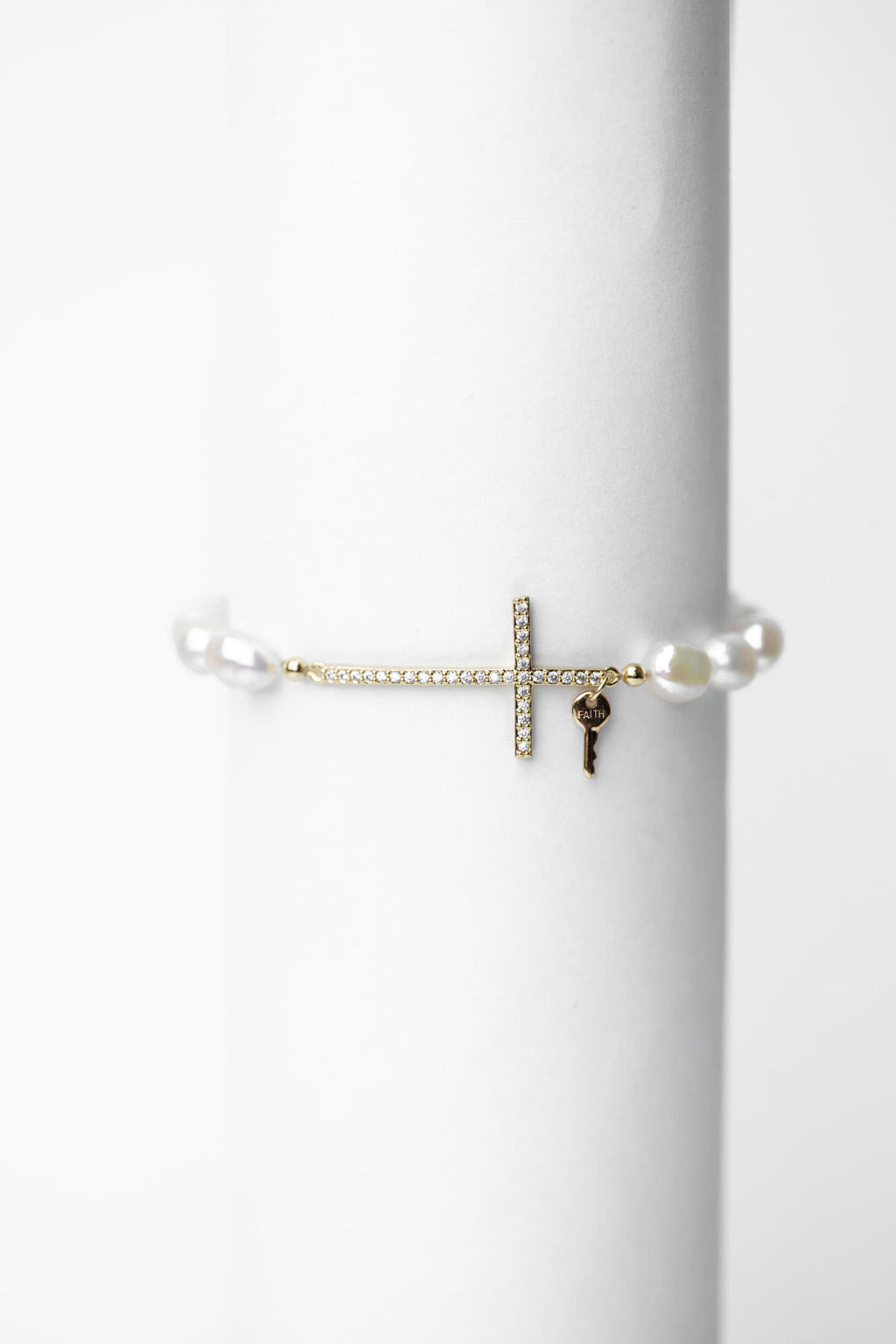Fresh Water Pearl Bracelet with Pavé Cross and Mini Key Bracelets The Giving Keys 