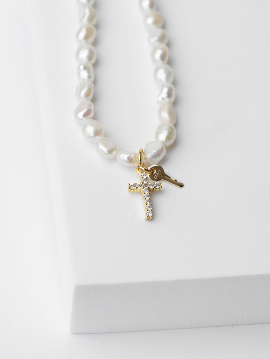 Fresh Water Pearl and Mini Pavé Cross Necklace Necklaces The Giving Keys 