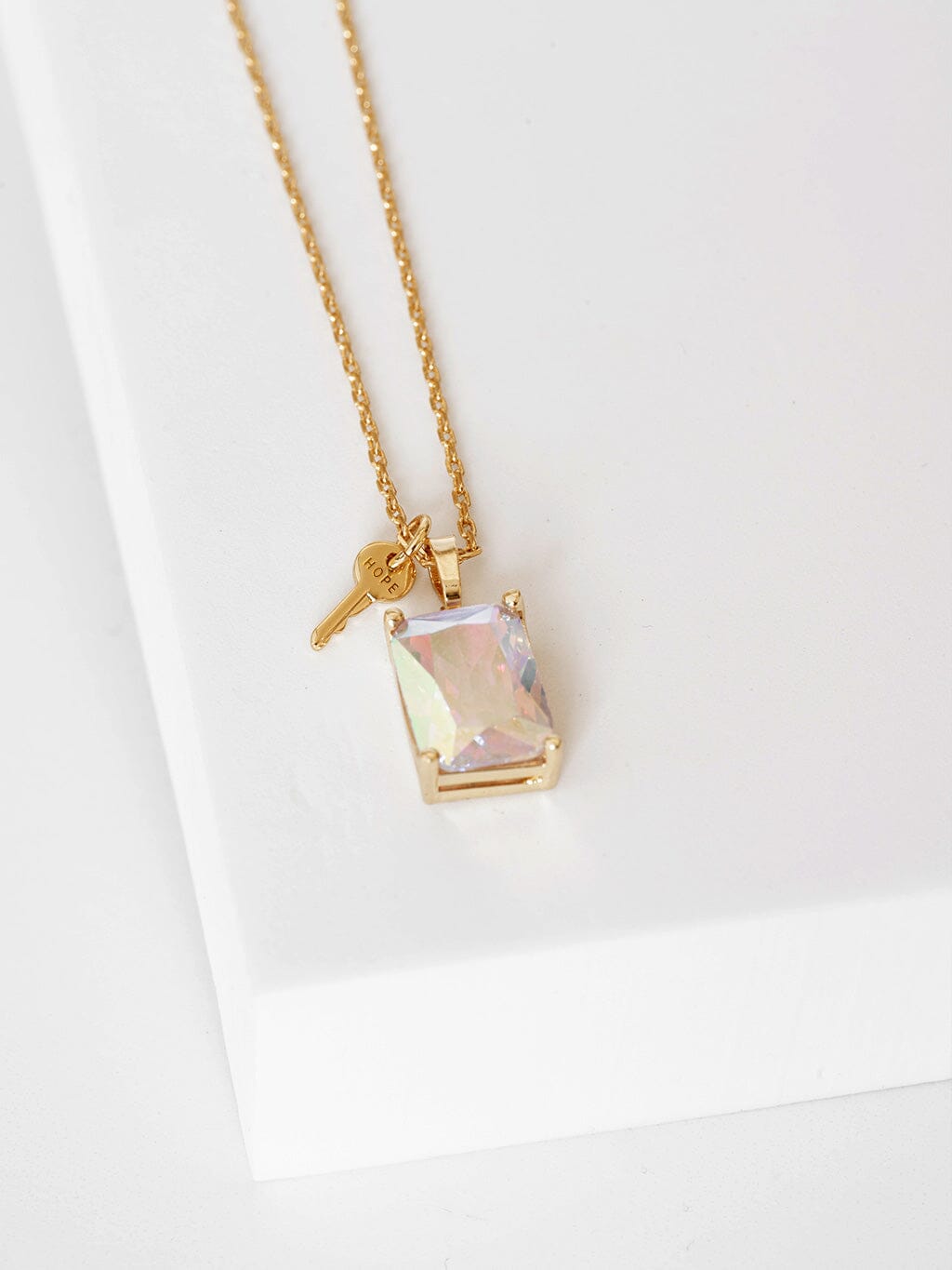 Emerald Cut Gemstone and Mini Key Necklace Necklaces The Giving Keys Gold HOPE / Aurora Borealis 