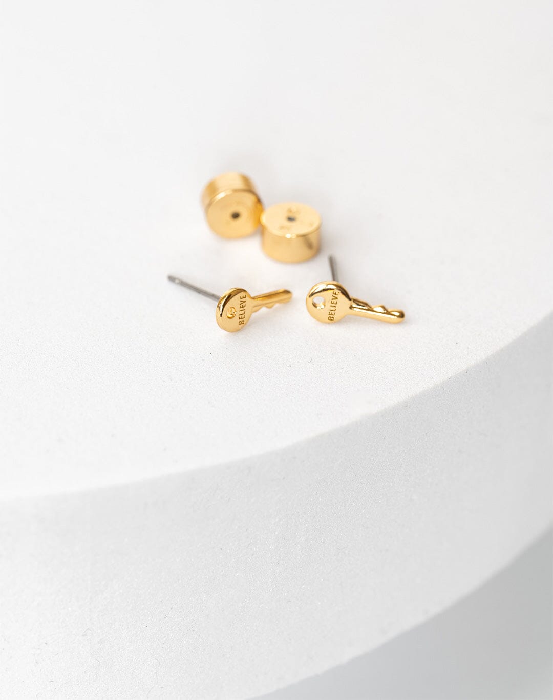 Mini Key Post Earrings Earrings The Giving Keys BELIEVE Gold 