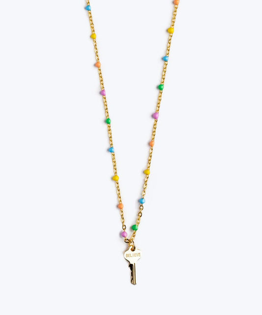 Rainbow Beaded Petite Key Necklace Necklaces The Giving Keys BELIEVE 