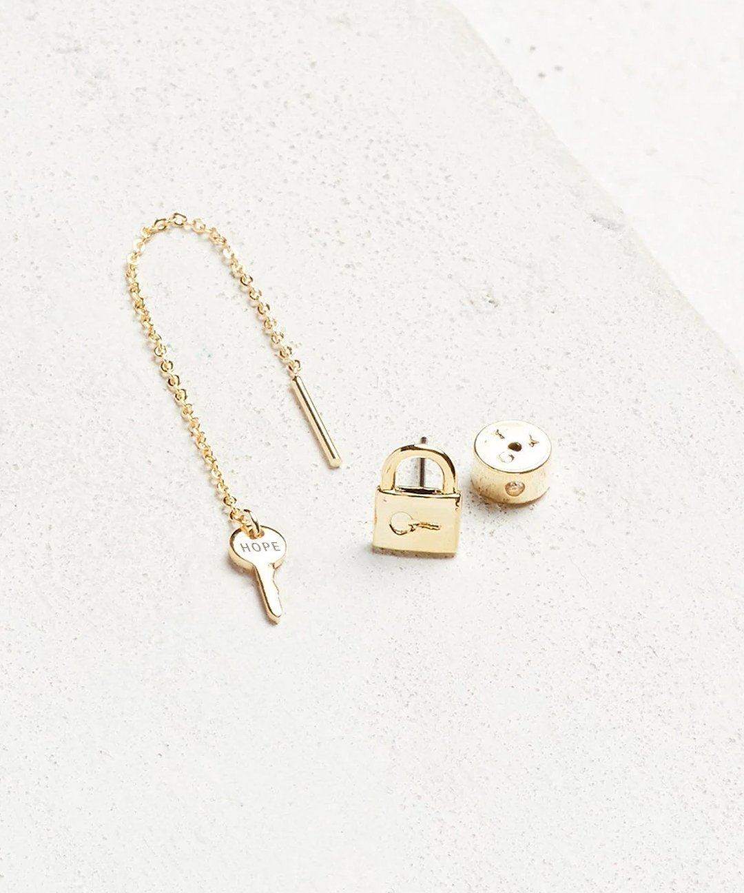 Mini Key Threader and Padlock Earring Set Earrings The Giving Keys HOPE Gold 