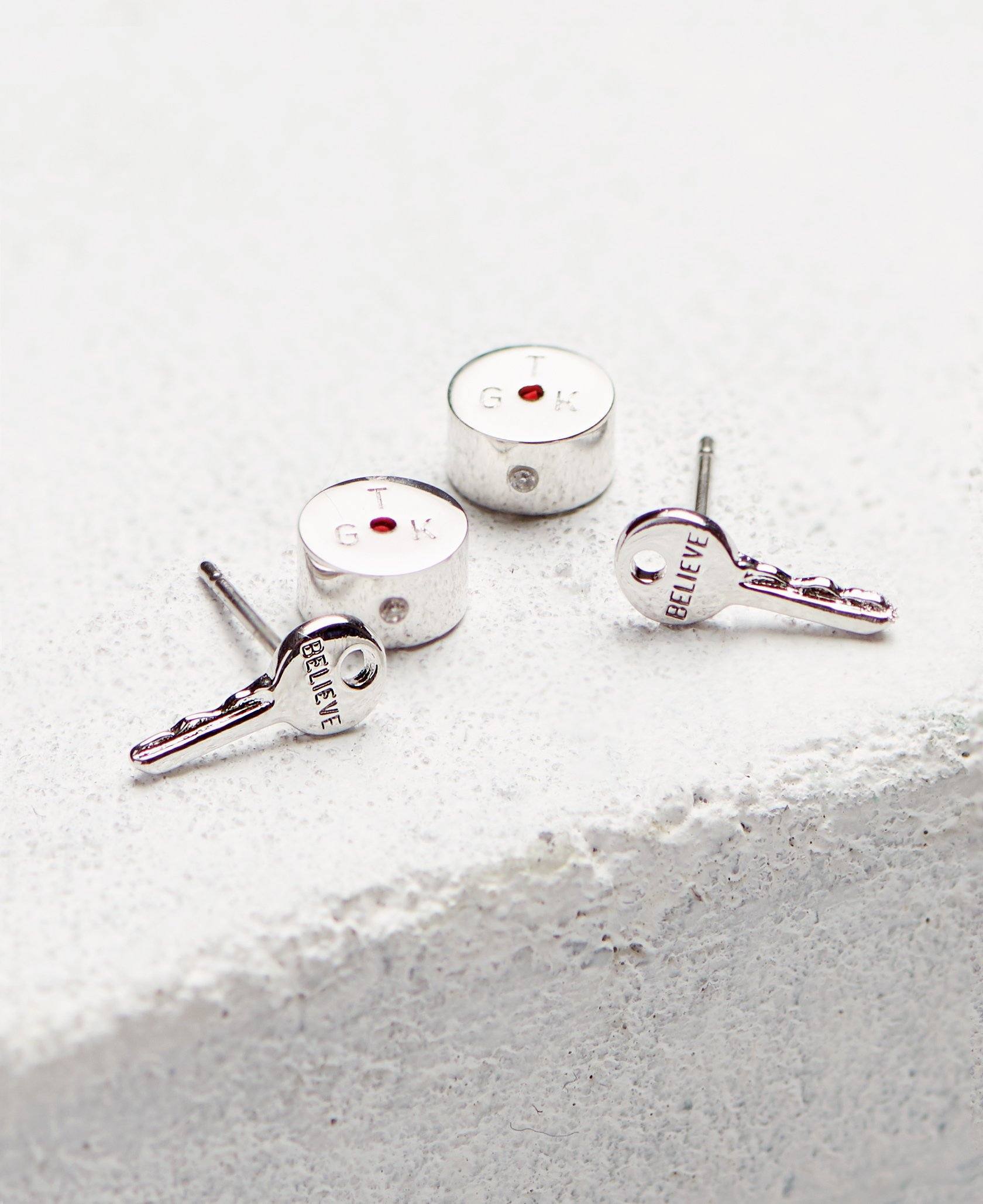 Mini Key Post Earrings Earrings The Giving Keys BELIEVE Silver